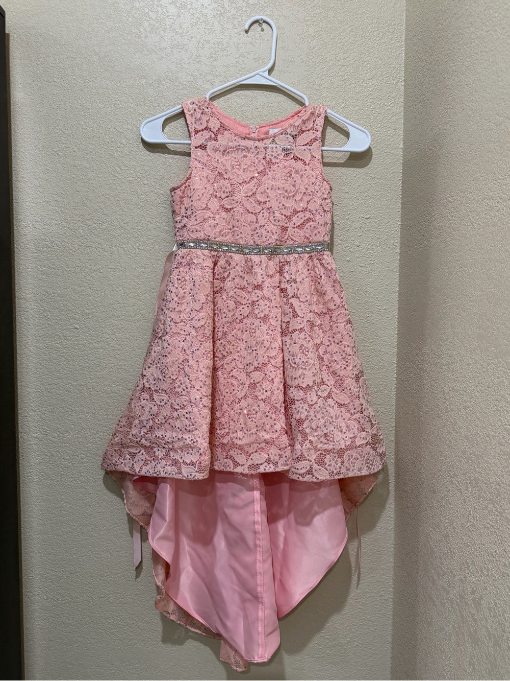 Rare Editions Pink Lace High-Low Dress with Rhinestone Waist